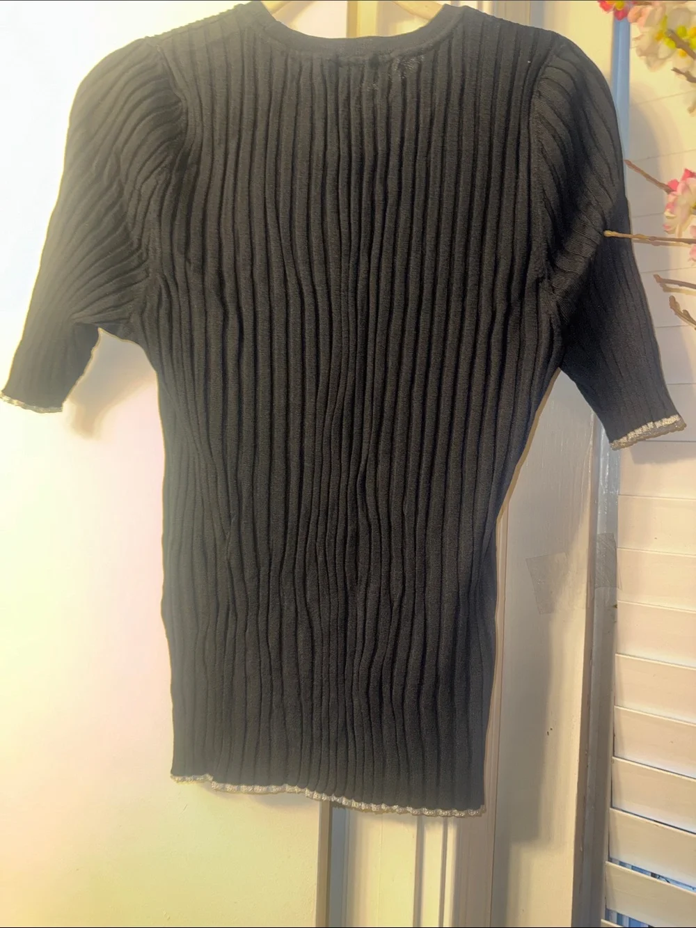 INC International Concepts Black Ribbed Short-Sleeve Crewneck Sweater